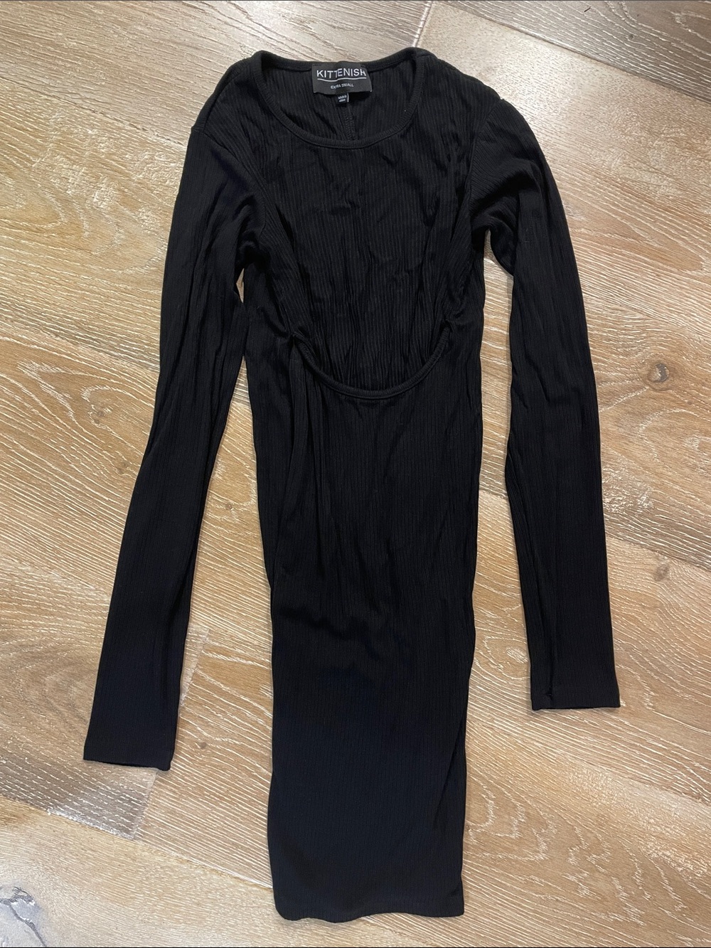 Kittenish Black Ribbed Long Sleeve Midi Dress